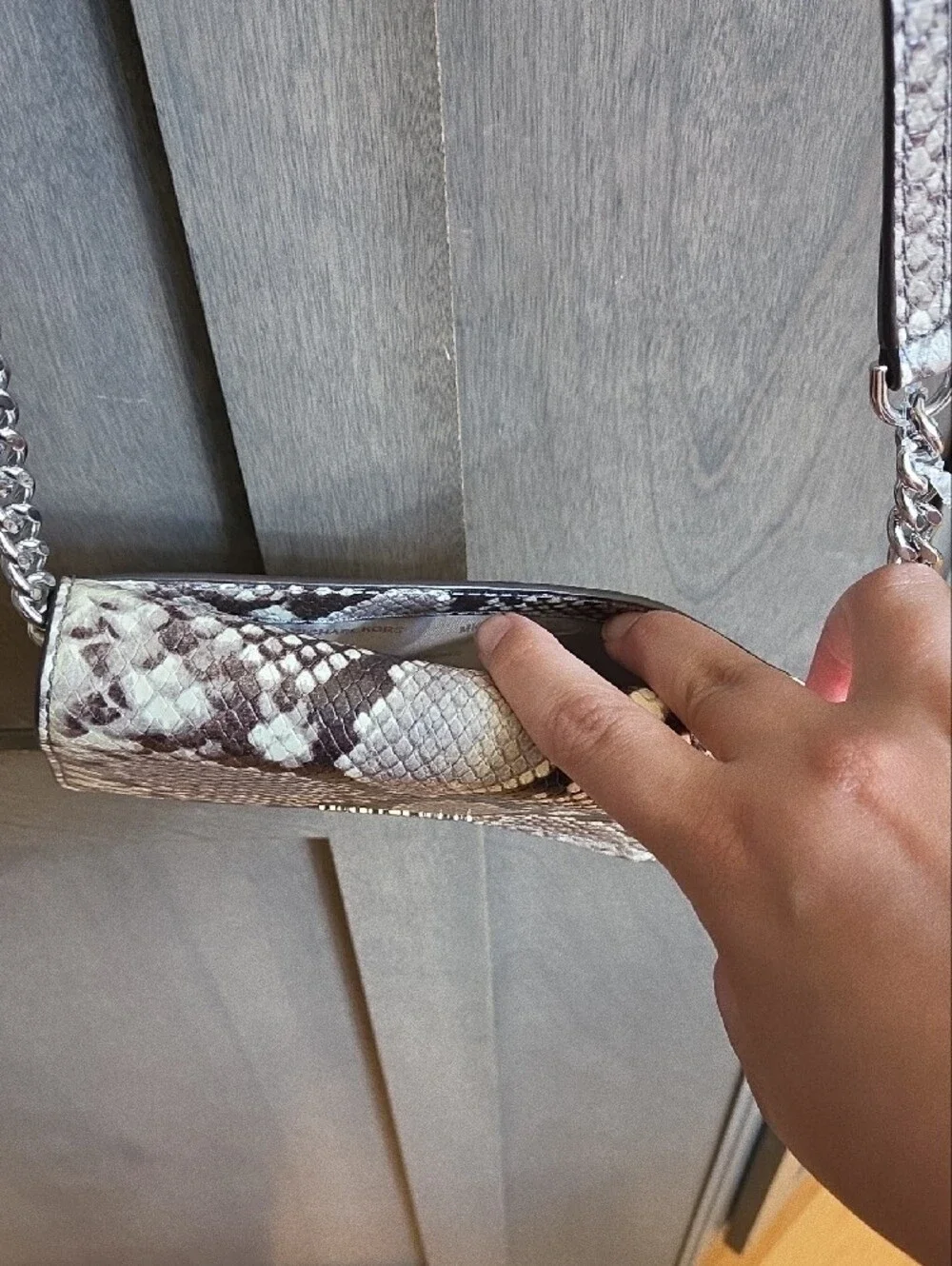 Michael Kors Snake-Print Crossbody in Beige and Brown with Silver Chain
